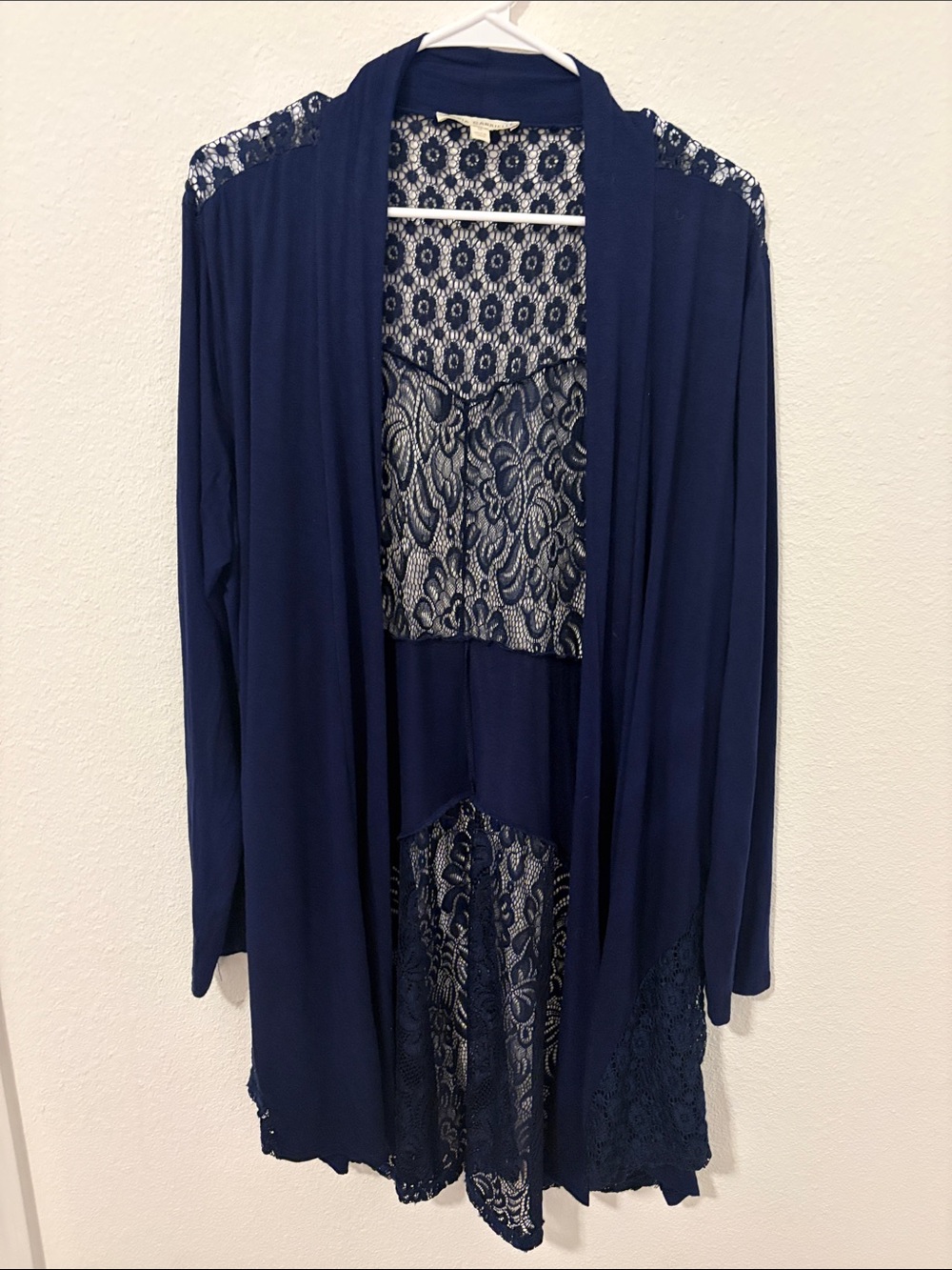 Maria Gabrielle Navy Lace Back Open Front Inset Lace Cardigan Whimsy Fairy Sz XL